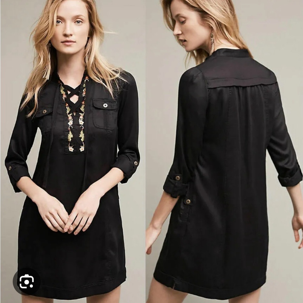 Anthropologie Black Embroidered V-Neck Shirt Dress